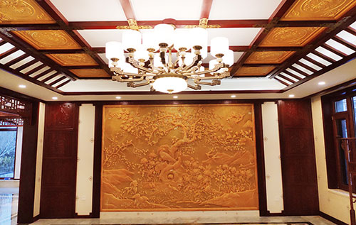 潘集中式别墅客厅中式木作横梁吊顶装饰展示